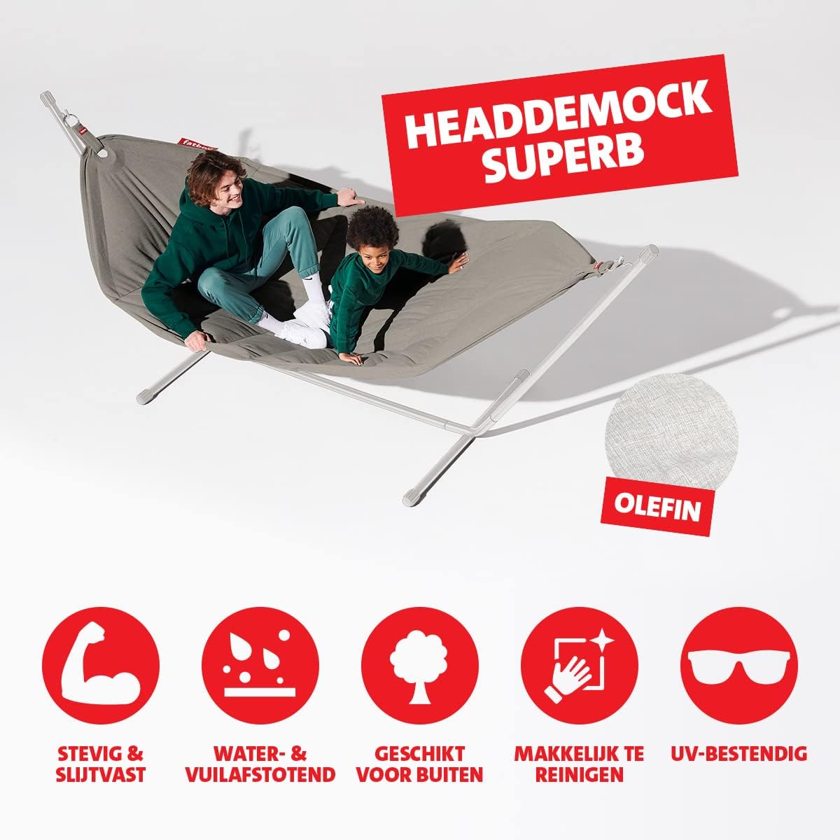 Fatboy® Headdemock Superb in Grau | XXL Hängematte für 2 Personen | Komfort Hängematte mit Metallgestell | Wasser- und UV-beständig | Tragfähigkeit bis 150 kg | Outdoor Hängematte mit Kissen und Tragetasche