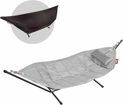 Fatboy Headdemock Deluxe Grau, Hängematte für Zwei, mit Metallgestell, Kissen, Abdeckung, Tragetasche, Outdoor geeignet, UV-beständig, Wasserabweisend, Schmutzabweisend, 150kg Tragkraft, für Garten & Terrasse