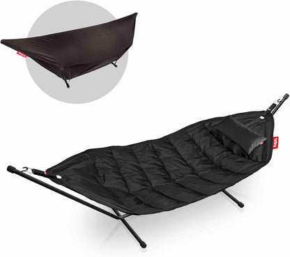 Fatboy® Headdemock Deluxe Schwarz Hängematte für Zwei mit Gestell, Kissen und Abdeckung - Outdoor-tauglich, Wasser-, Schmutz- und UV-beständig, Faltbar und Platzsparend, Max. Tragfähigkeit 150 kg