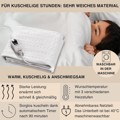 Grafner Wärmeunterbett elektrisch 150x80 cm mit Fernbedienung, 3 Heizstufen, Überhitzungsschutz, Schnellheizung, LED-Kontrolle, 60W Leistung, waschbar, Matratzen-Heizdecke für Winter