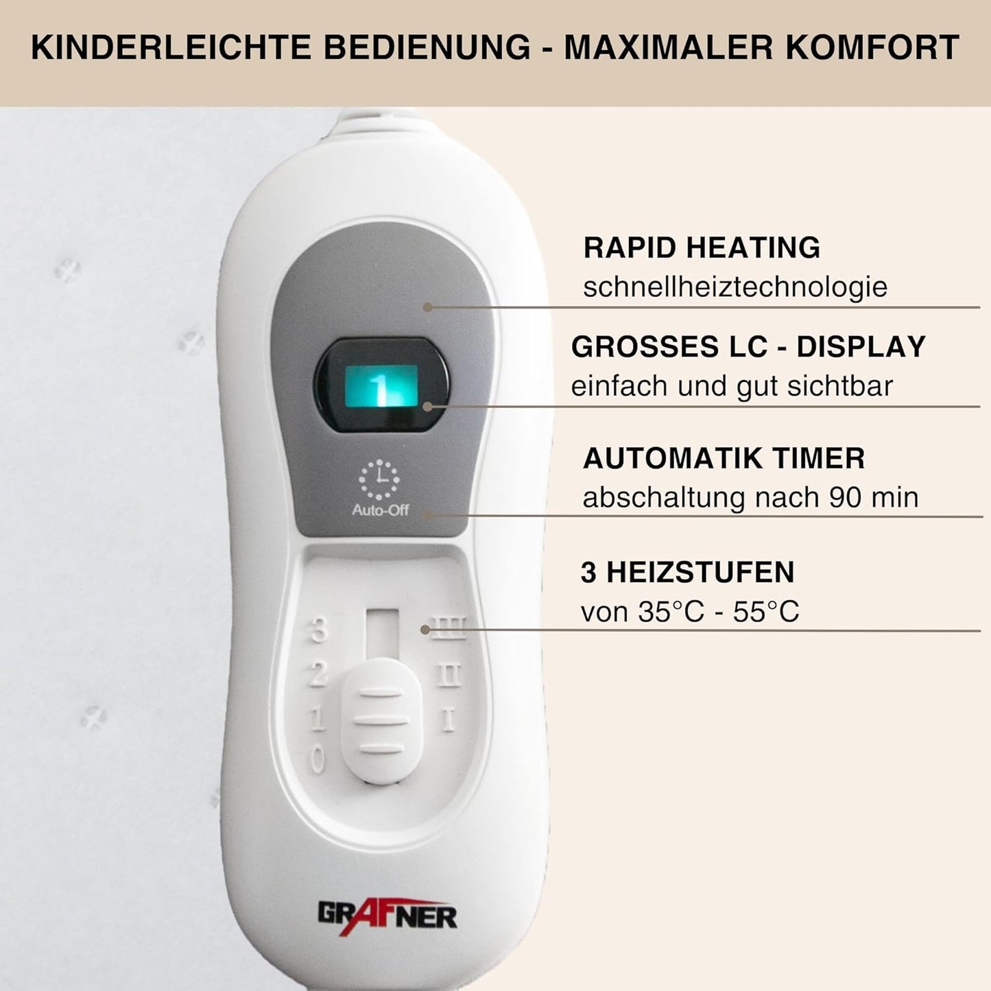 Grafner Wärmeunterbett elektrisch 150x80 cm mit Fernbedienung, 3 Heizstufen, Überhitzungsschutz, Schnellheizung, LED-Kontrolle, 60W Leistung, waschbar, Matratzen-Heizdecke für Winter