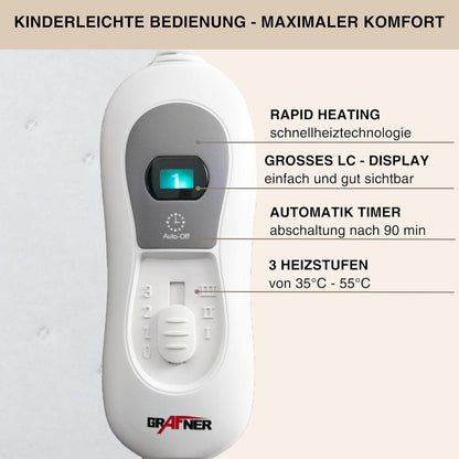 Grafner Wärmeunterbett elektrisch 150x80 cm mit Fernbedienung, 3 Heizstufen, Überhitzungsschutz, Schnellheizung, LED-Kontrolle, 60W Leistung, waschbar, Matratzen-Heizdecke für Winter