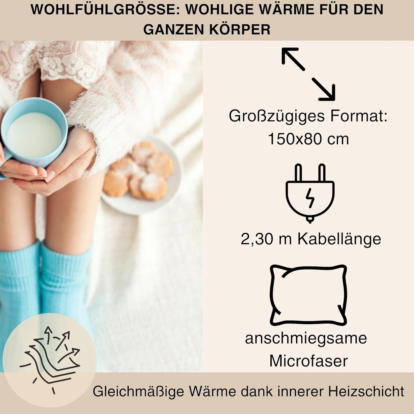 Grafner Wärmeunterbett elektrisch 150x80 cm mit Fernbedienung, 3 Heizstufen, Überhitzungsschutz, Schnellheizung, LED-Kontrolle, 60W Leistung, waschbar, Matratzen-Heizdecke für Winter