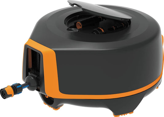 Fiskars Waterwheel XL Automatischer Schlauchaufroller Komplett-Set, 25 Meter Bewässerungsschlauch, Schlauchwagen mit Universal-Hahnverbinder, Wasserschlauch Garten mit Automatischem Aufrollen, Schwarz/Orange