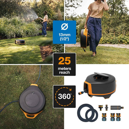 Fiskars Waterwheel XL Automatischer Schlauchaufroller Komplett-Set, 25 Meter Bewässerungsschlauch, Schlauchwagen mit Universal-Hahnverbinder, Wasserschlauch Garten mit Automatischem Aufrollen, Schwarz/Orange