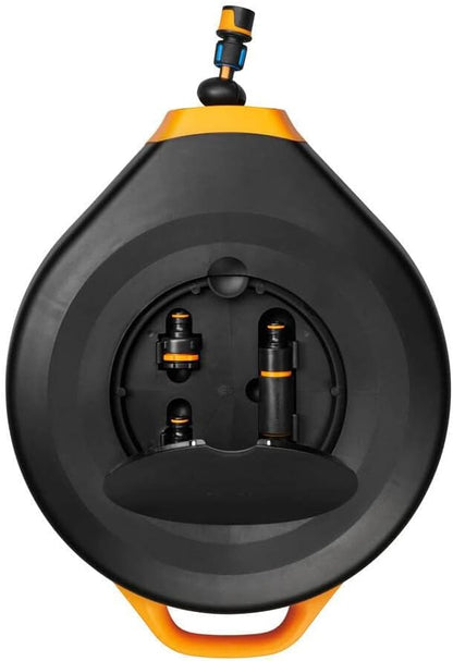 Fiskars Waterwheel XL Automatischer Schlauchaufroller Komplett-Set, 25 Meter Bewässerungsschlauch, Schlauchwagen mit Universal-Hahnverbinder, Wasserschlauch Garten mit Automatischem Aufrollen, Schwarz/Orange
