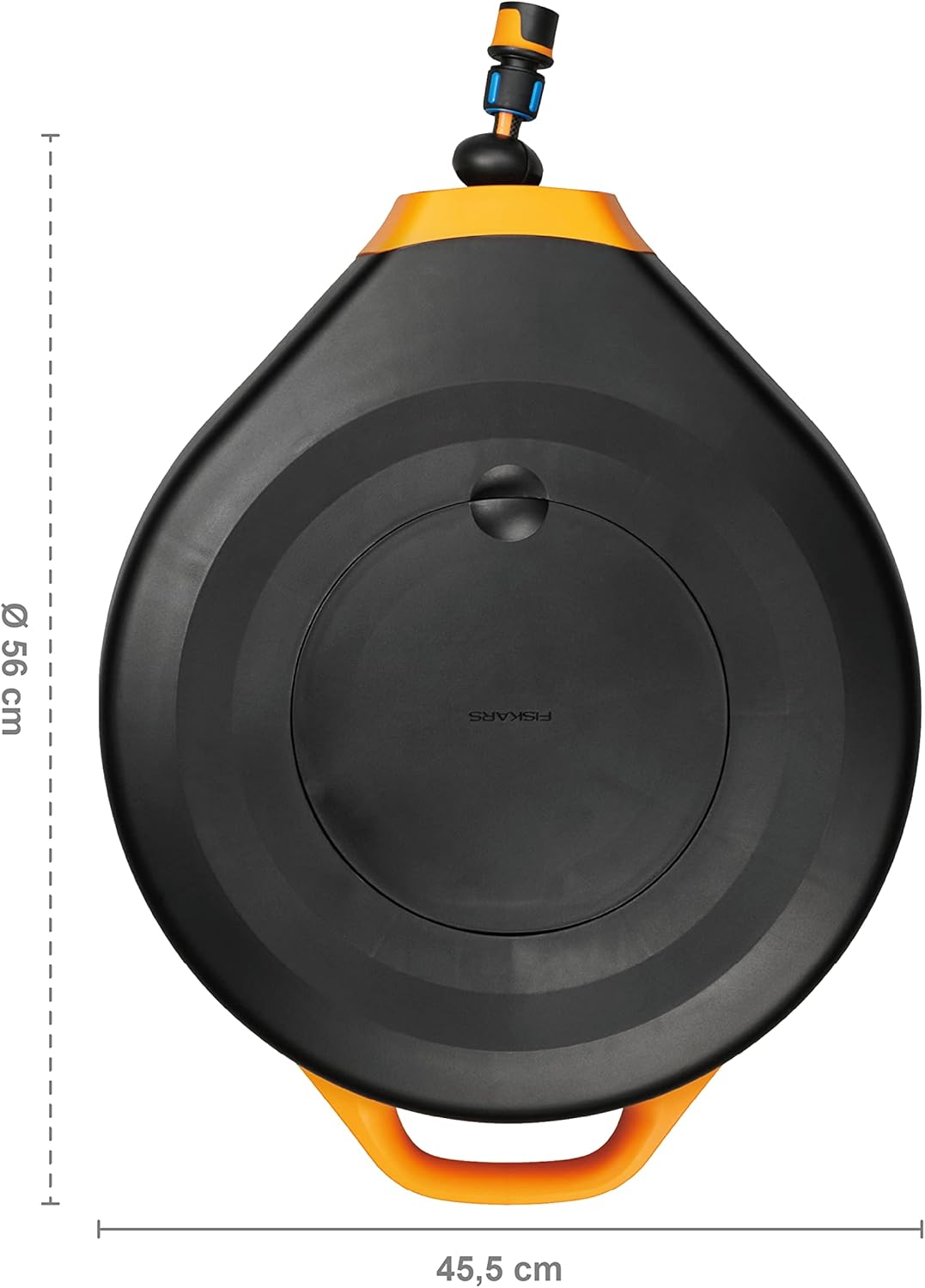 Fiskars Waterwheel XL Automatischer Schlauchaufroller Komplett-Set, 25 Meter Bewässerungsschlauch, Schlauchwagen mit Universal-Hahnverbinder, Wasserschlauch Garten mit Automatischem Aufrollen, Schwarz/Orange