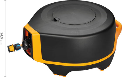 Fiskars Waterwheel XL Automatischer Schlauchaufroller Komplett-Set, 25 Meter Bewässerungsschlauch, Schlauchwagen mit Universal-Hahnverbinder, Wasserschlauch Garten mit Automatischem Aufrollen, Schwarz/Orange