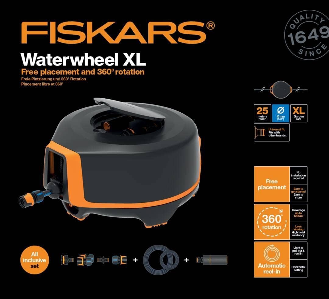 Fiskars Waterwheel XL Automatischer Schlauchaufroller Komplett-Set, 25 Meter Bewässerungsschlauch, Schlauchwagen mit Universal-Hahnverbinder, Wasserschlauch Garten mit Automatischem Aufrollen, Schwarz/Orange