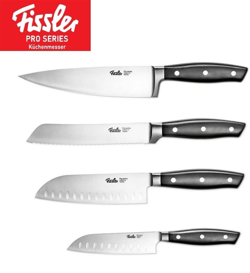 Fissler Profi Messer-Set 4TLG – Hochwertige Kochmesser, Santokumesser 130mm & 165mm, Brotmesser 180mm und Kochmesser 190mm aus rostfreiem Edelstahl, mit ergonomischen Griffen, für Profi- und Hobbyköche