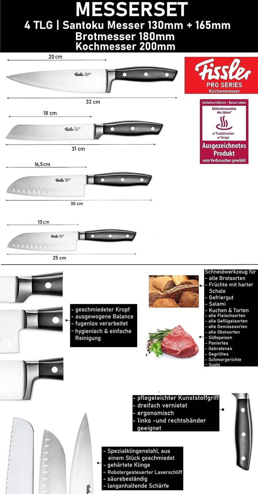 Fissler Profi Messer-Set 4TLG – Hochwertige Kochmesser, Santokumesser 130mm & 165mm, Brotmesser 180mm und Kochmesser 190mm aus rostfreiem Edelstahl, mit ergonomischen Griffen, für Profi- und Hobbyköche