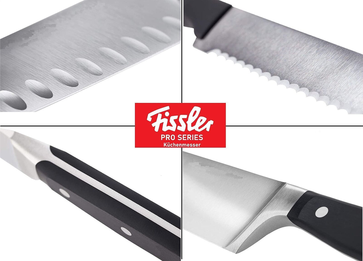 Fissler Profi Messer-Set 4TLG – Hochwertige Kochmesser, Santokumesser 130mm & 165mm, Brotmesser 180mm und Kochmesser 190mm aus rostfreiem Edelstahl, mit ergonomischen Griffen, für Profi- und Hobbyköche
