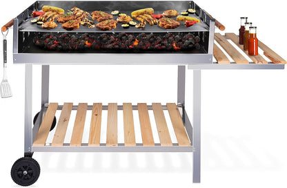 BBQ Collection Edelstahl Holzkohlegrill mit Tisch und höhenverstellbarem Grillrost – Grillwagen mit Ablagen, Rollen, Holzgriffen und Stauraum – Profi Gartenküche für Terrasse und Outdoor BBQ