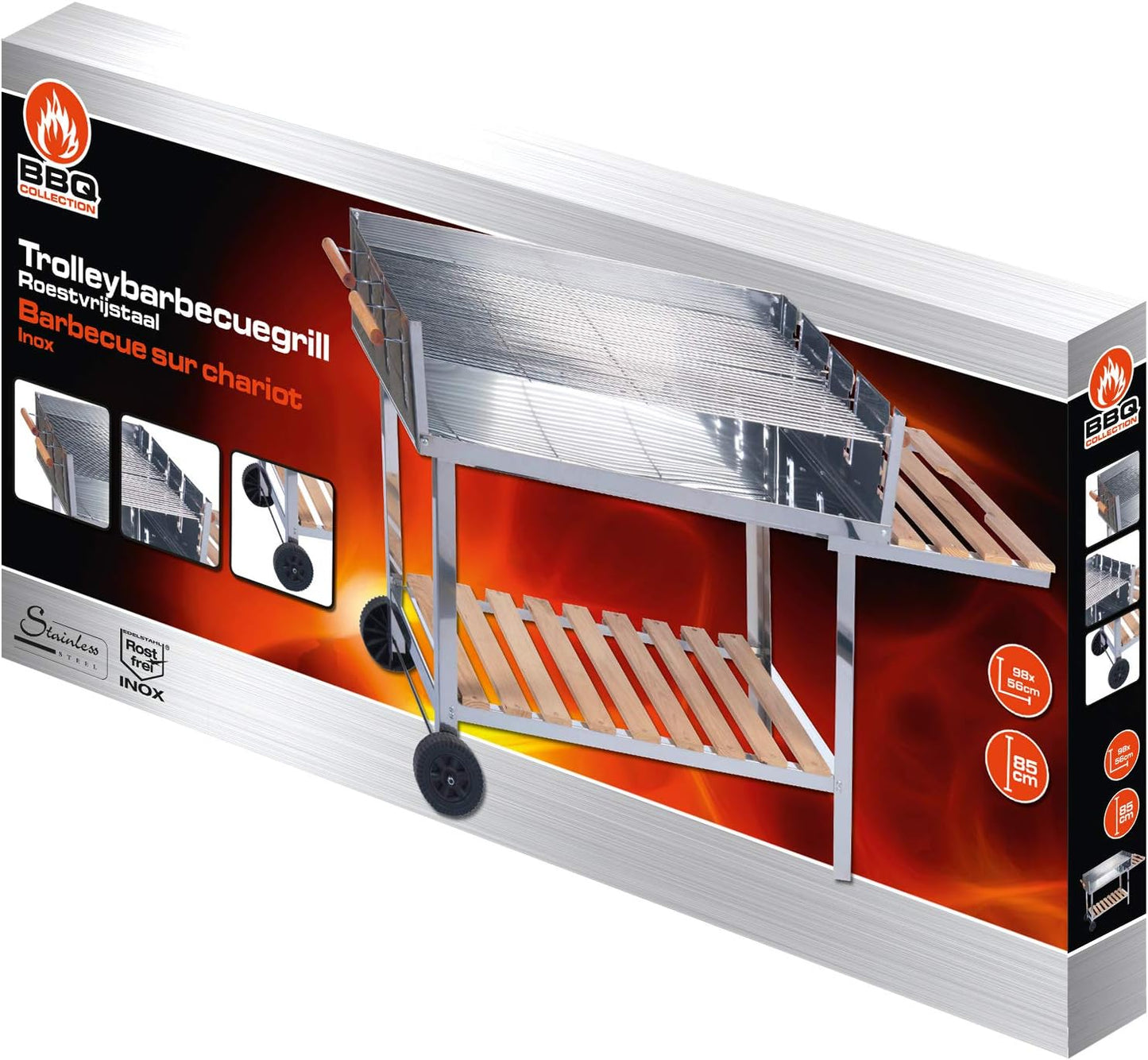 BBQ Collection Edelstahl Holzkohlegrill mit Tisch und höhenverstellbarem Grillrost – Grillwagen mit Ablagen, Rollen, Holzgriffen und Stauraum – Profi Gartenküche für Terrasse und Outdoor BBQ