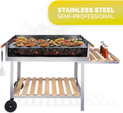 BBQ Collection Edelstahl Holzkohlegrill mit Tisch und höhenverstellbarem Grillrost – Grillwagen mit Ablagen, Rollen, Holzgriffen und Stauraum – Profi Gartenküche für Terrasse und Outdoor BBQ