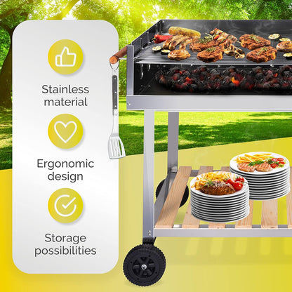 BBQ Collection Edelstahl Holzkohlegrill mit Tisch und höhenverstellbarem Grillrost – Grillwagen mit Ablagen, Rollen, Holzgriffen und Stauraum – Profi Gartenküche für Terrasse und Outdoor BBQ
