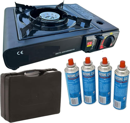 SENA Camping Gaskocher Set mit 4 Butan-Gaskartuschen, 1-flammiger Outdoor-Kocher mit 2,5 kW Leistung, Piezozündung, stufenloser Flammenregulierung, inklusive Transportkoffer – ideal für Camping, Garten und Notfälle