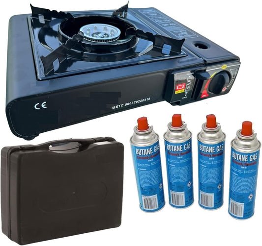 SENA Camping Gaskocher Set mit 4 Butan-Gaskartuschen, 1-flammiger Outdoor-Kocher mit 2,5 kW Leistung, Piezozündung, stufenloser Flammenregulierung, inklusive Transportkoffer – ideal für Camping, Garten und Notfälle