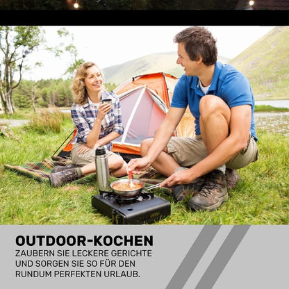 SENA Camping Gaskocher Set mit 4 Butan-Gaskartuschen, 1-flammiger Outdoor-Kocher mit 2,5 kW Leistung, Piezozündung, stufenloser Flammenregulierung, inklusive Transportkoffer – ideal für Camping, Garten und Notfälle