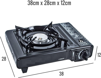 SENA Camping Gaskocher Set mit 4 Butan-Gaskartuschen, 1-flammiger Outdoor-Kocher mit 2,5 kW Leistung, Piezozündung, stufenloser Flammenregulierung, inklusive Transportkoffer – ideal für Camping, Garten und Notfälle