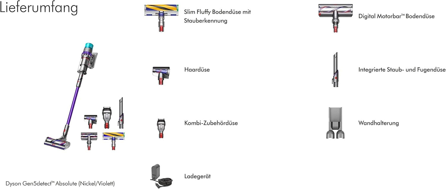 Dyson Gen5detect kabelloser Akku-Staubsauger mit HEPA-Filter, beutellosem Zyklonsystem, LED-Stauberkennung & Digital Motorbar™ für Hartboden, Teppich, Möbel und Tierhaare