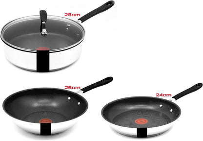 Tefal E30 Jamie Oliver Edelstahl Pfannenset 24 cm Pfanne, 28 cm Wok, 25 cm Schmorpfanne, Induktion, Antihaft, Titanium, ThermoSpot, Backofenfest, Silikon Griff, Robuste Pfanne, Langlebig