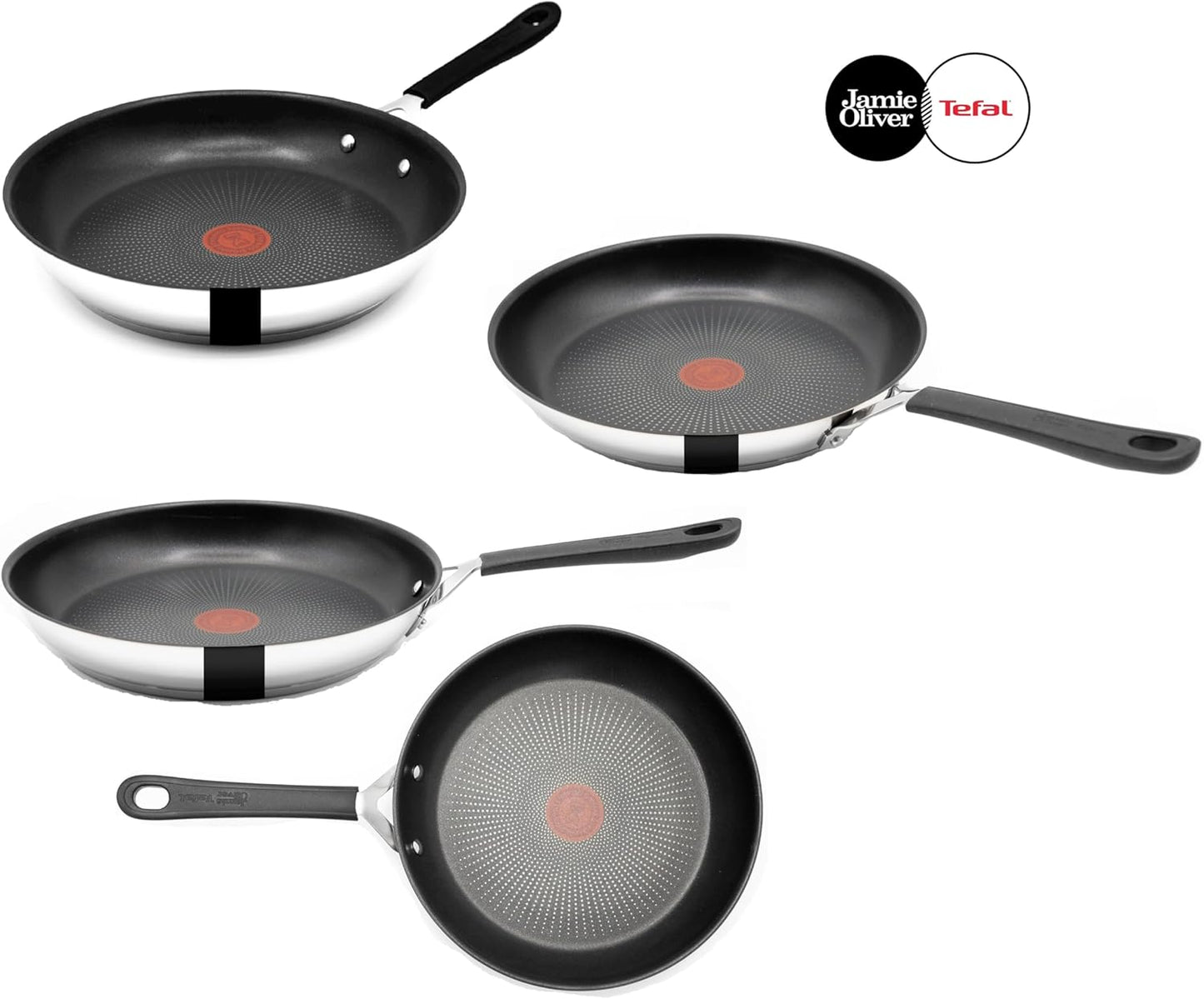 Tefal E30 Jamie Oliver Edelstahl Pfannenset 24 cm Pfanne, 28 cm Wok, 25 cm Schmorpfanne, Induktion, Antihaft, Titanium, ThermoSpot, Backofenfest, Silikon Griff, Robuste Pfanne, Langlebig
