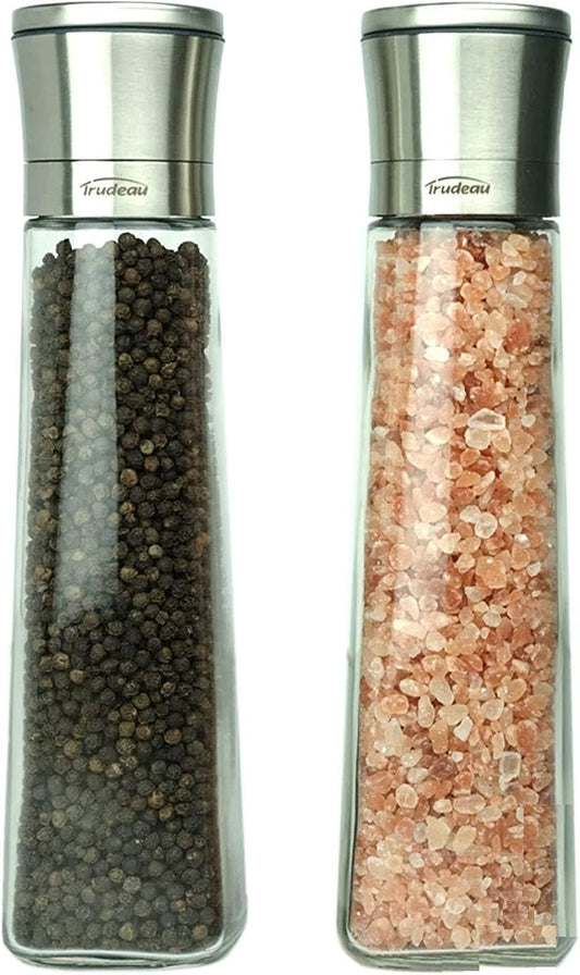 Trudeau Gewürzmühle Set 2er Salz- und Pfeffermühlen mit robustem Keramikmahlwerk, Edelstahlummantelung, Glasbehälter, stufenlos einstellbar, langlebige Gewürzmühlen für Salz, Pfeffer, Chili und diverse Gewürze
