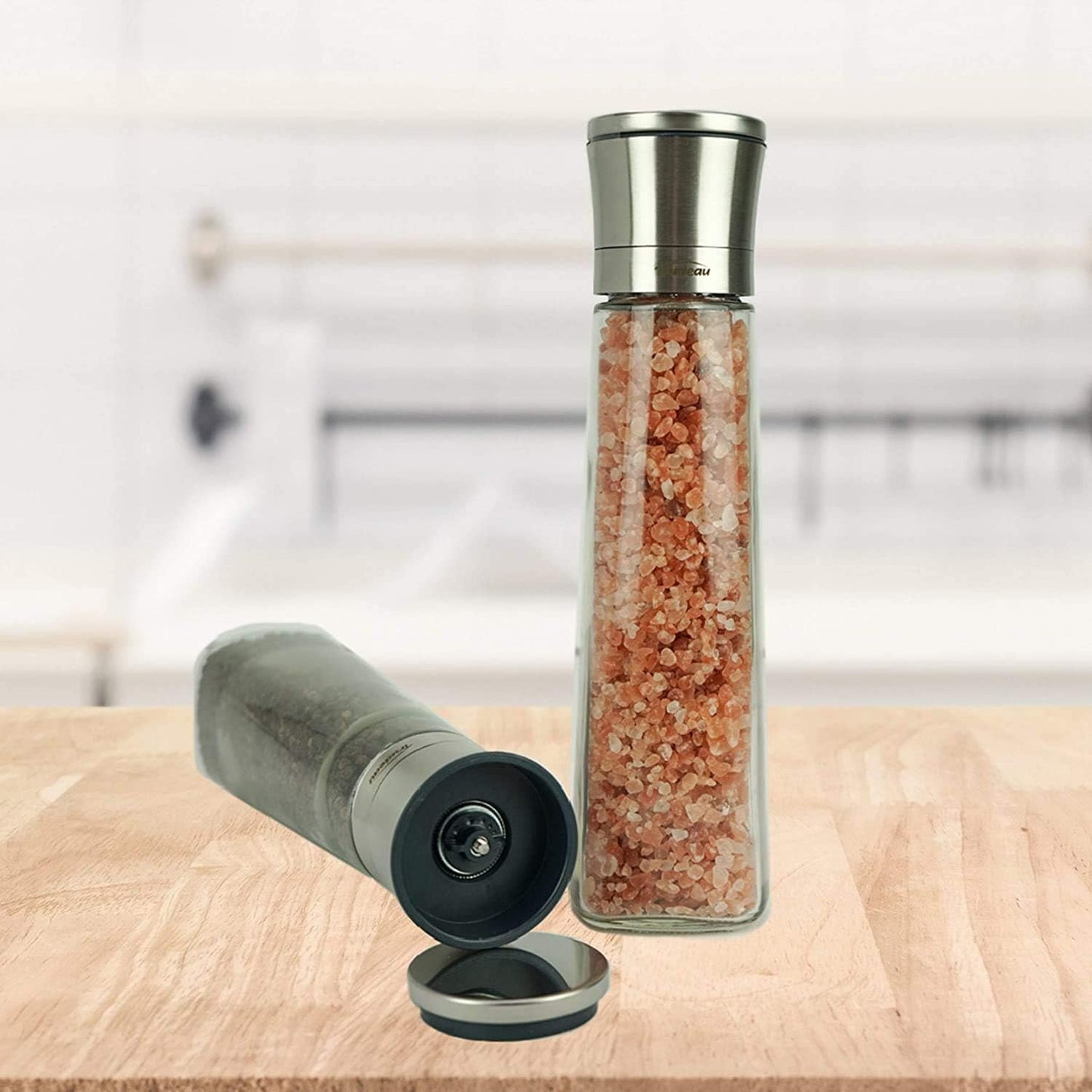 Trudeau Gewürzmühle Set 2er Salz- und Pfeffermühlen mit robustem Keramikmahlwerk, Edelstahlummantelung, Glasbehälter, stufenlos einstellbar, langlebige Gewürzmühlen für Salz, Pfeffer, Chili und diverse Gewürze