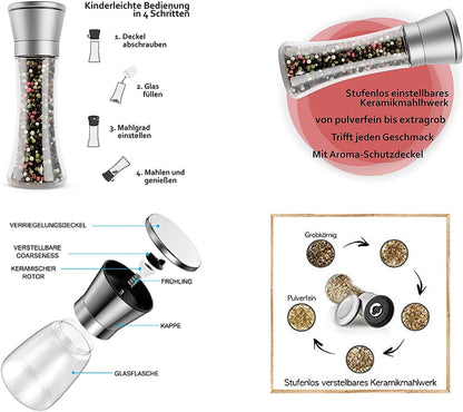 Trudeau Gewürzmühle Set 2er Salz- und Pfeffermühlen mit robustem Keramikmahlwerk, Edelstahlummantelung, Glasbehälter, stufenlos einstellbar, langlebige Gewürzmühlen für Salz, Pfeffer, Chili und diverse Gewürze