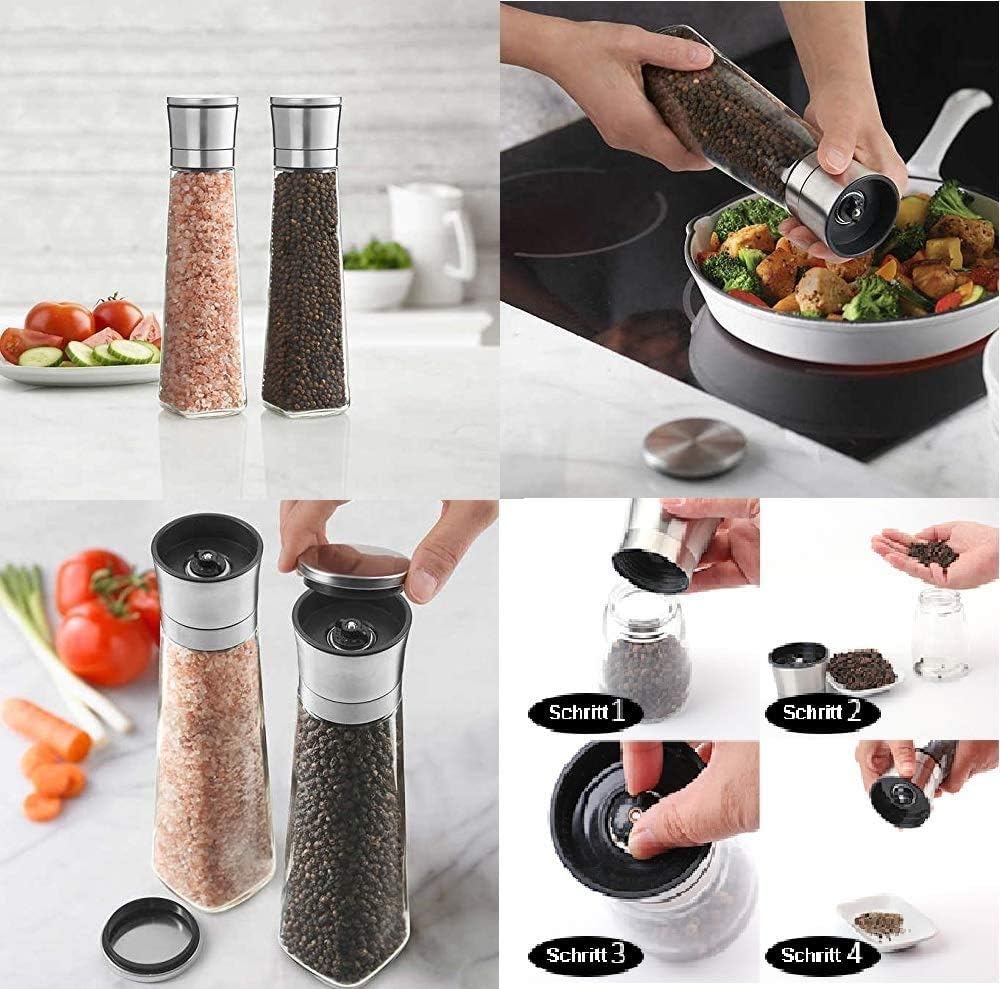 Trudeau Gewürzmühle Set 2er Salz- und Pfeffermühlen mit robustem Keramikmahlwerk, Edelstahlummantelung, Glasbehälter, stufenlos einstellbar, langlebige Gewürzmühlen für Salz, Pfeffer, Chili und diverse Gewürze