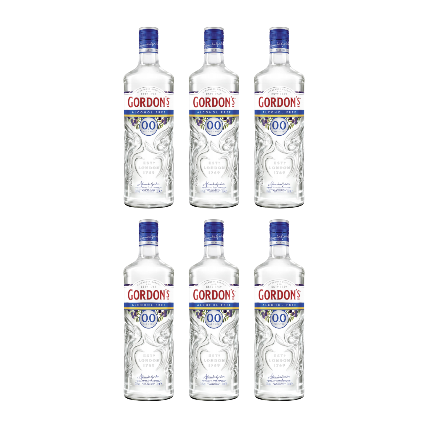Gordon’s 70cl Alkoholfreier Gin-Alternative 6er Set – 0,7l Flaschen, Gin Geschmack ohne Alkohol, alkoholfreie Spirituosen, Kalorienarme Erfrischung, Gin Cocktail Basis, Aromatisierter Gin für alkoholfreie Drinks - Ohne Alcohol