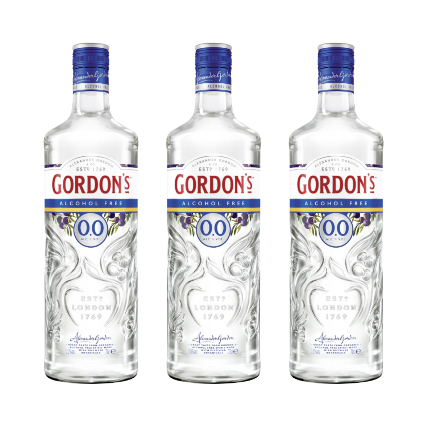 Gordon’s 70cl Alkoholfreier Gin-Alternative 3er Set – 0,7l Flaschen, Gin Geschmack ohne Alkohol, alkoholfreie Spirituosen, Kalorienarme Erfrischung, Gin Cocktail Basis, Aromatisierter Gin für alkoholfreie Drinks - Ohne Alcohol