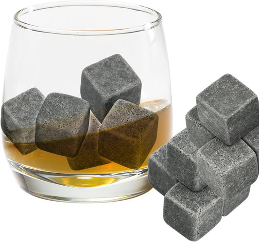 Grenhaven 9er Set wiederverwendbare Whisky-Steine aus natürlichem Speckstein in Grau – hochwertige Kühlsteine für Whisky, Bourbon, Cognac und Drinks – inkl. Stoffbeutel, kühlend ohne Verwässerung