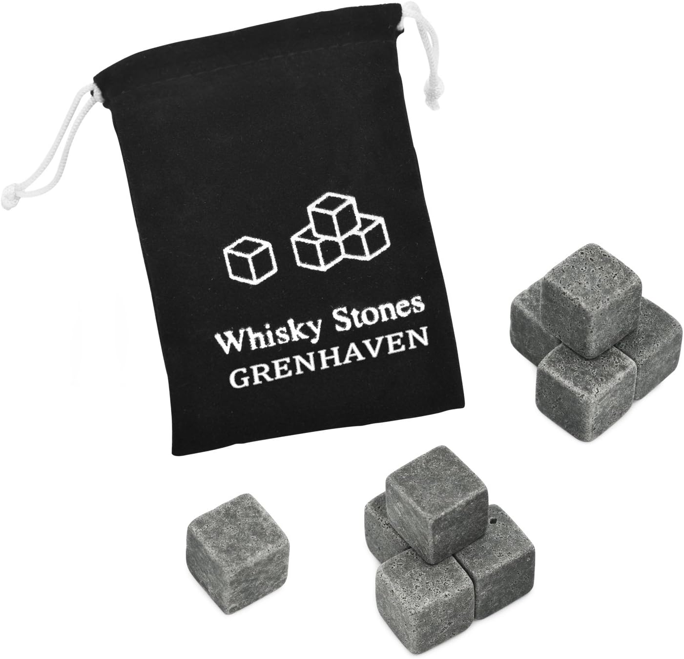 Grenhaven 9er Set wiederverwendbare Whisky-Steine aus natürlichem Speckstein in Grau – hochwertige Kühlsteine für Whisky, Bourbon, Cognac und Drinks – inkl. Stoffbeutel, kühlend ohne Verwässerung