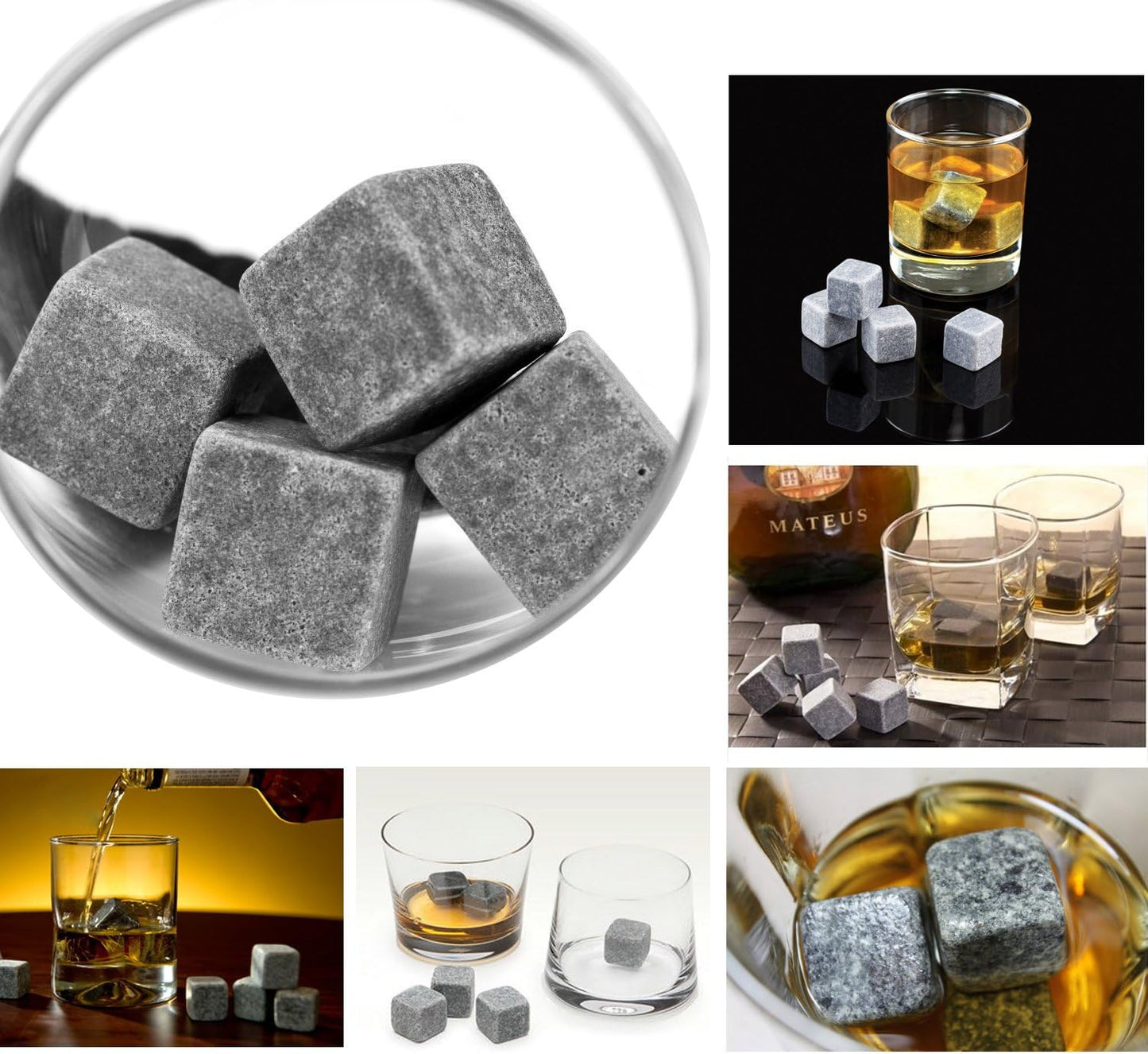 Grenhaven 9er Set wiederverwendbare Whisky-Steine aus natürlichem Speckstein in Grau – hochwertige Kühlsteine für Whisky, Bourbon, Cognac und Drinks – inkl. Stoffbeutel, kühlend ohne Verwässerung