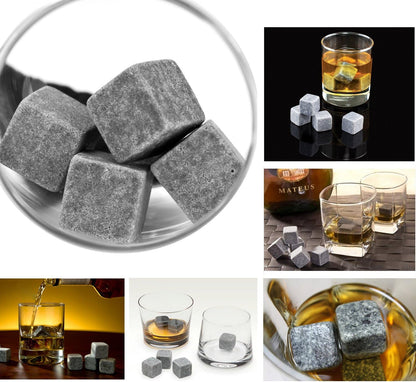 Grenhaven 9er Set wiederverwendbare Whisky-Steine aus natürlichem Speckstein in Grau – hochwertige Kühlsteine für Whisky, Bourbon, Cognac und Drinks – inkl. Stoffbeutel, kühlend ohne Verwässerung