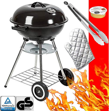 Mete Holzkohle Kugelgrill Ø 46 cm | Großer Rundgrill mit Deckel | Vierbein-Grill mit Aschebehälter | Mobil fahrbar | Grillzubehör & Reinigungsset inklusive | Outdoor BBQ Holzkohlegrillgerät