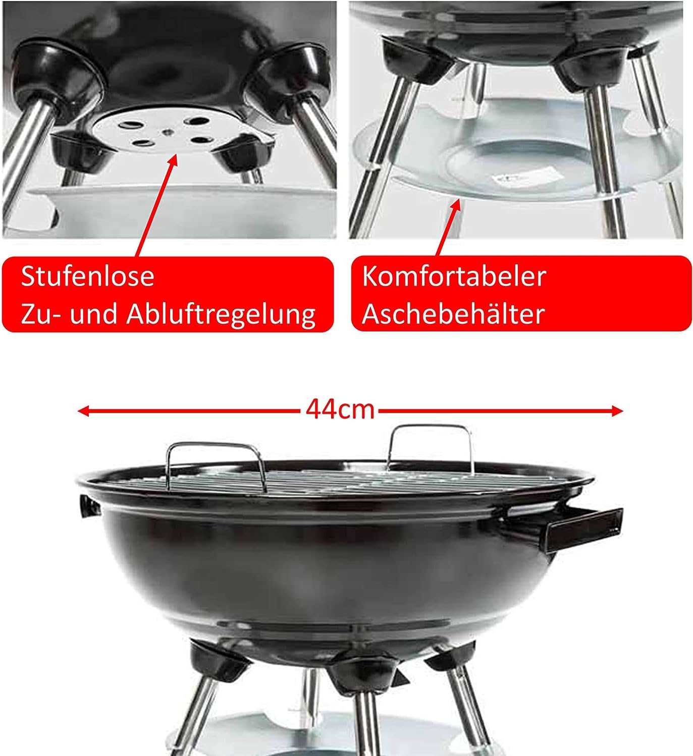 Mete Holzkohle Kugelgrill Ø 46 cm | Großer Rundgrill mit Deckel | Vierbein-Grill mit Aschebehälter | Mobil fahrbar | Grillzubehör & Reinigungsset inklusive | Outdoor BBQ Holzkohlegrillgerät