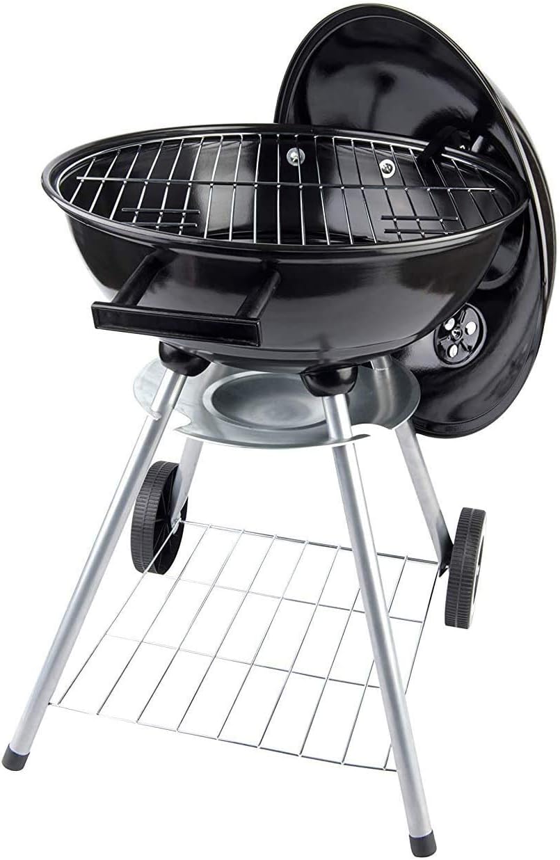 Mete Holzkohle Kugelgrill Ø 46 cm | Großer Rundgrill mit Deckel | Vierbein-Grill mit Aschebehälter | Mobil fahrbar | Grillzubehör & Reinigungsset inklusive | Outdoor BBQ Holzkohlegrillgerät