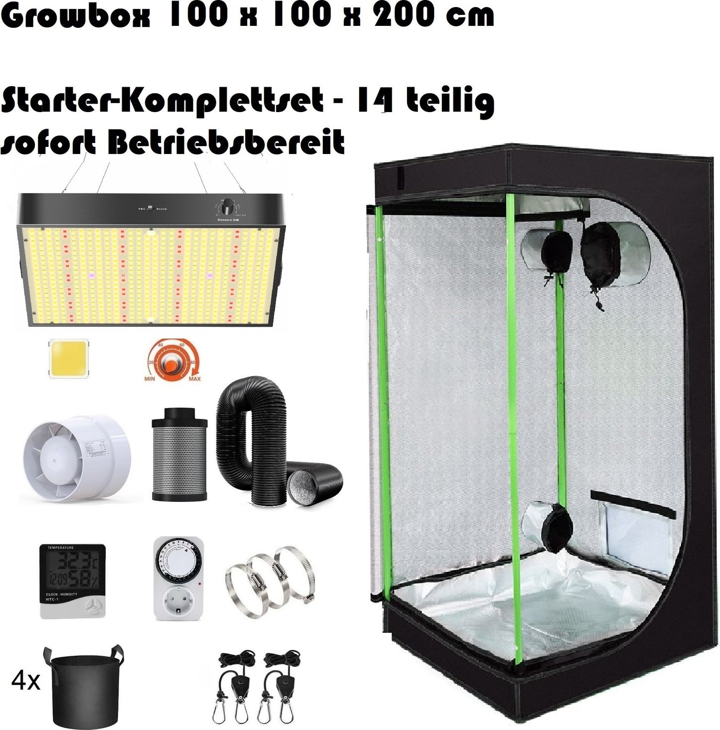 JUNG Growbox Komplettset mit LED Lampe 200W, Anbau Pflanzen Zelt 100x100x200cm, Mylar Reflektierend, Lüftungsset, Kohlefilter, für Cannabis und Gewächshaus