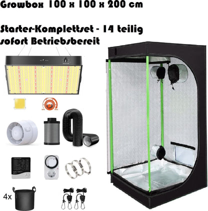 JUNG Growbox Komplettset mit LED Lampe 200W, Anbau Pflanzen Zelt 100x100x200cm, Mylar Reflektierend, Lüftungsset, Kohlefilter, für Cannabis und Gewächshaus