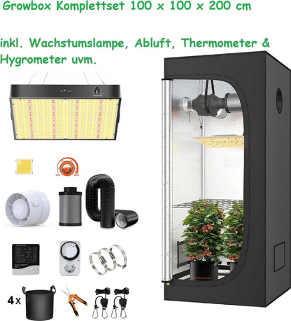 JUNG Growbox Komplettset mit LED Lampe 200W, Anbau Pflanzen Zelt 100x100x200cm, Mylar Reflektierend, Lüftungsset, Kohlefilter, für Cannabis und Gewächshaus