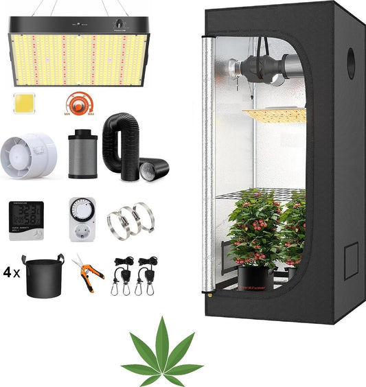 JUNG Growbox Komplettset mit LED Lampe 200W, Anbau Pflanzen Zelt 100x100x200cm, Mylar Reflektierend, Lüftungsset, Kohlefilter, für Cannabis und Gewächshaus