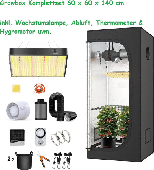 JUNG Growbox Komplettset mit 100W Samsung LED Lampe, 60x60x140 cm Anzuchtzelt, Abluftset, Kohlefilter für Indoor Anbau von Cannabis – Vollspektrum LED für optimale Pflanzenzucht und hohe Erträge