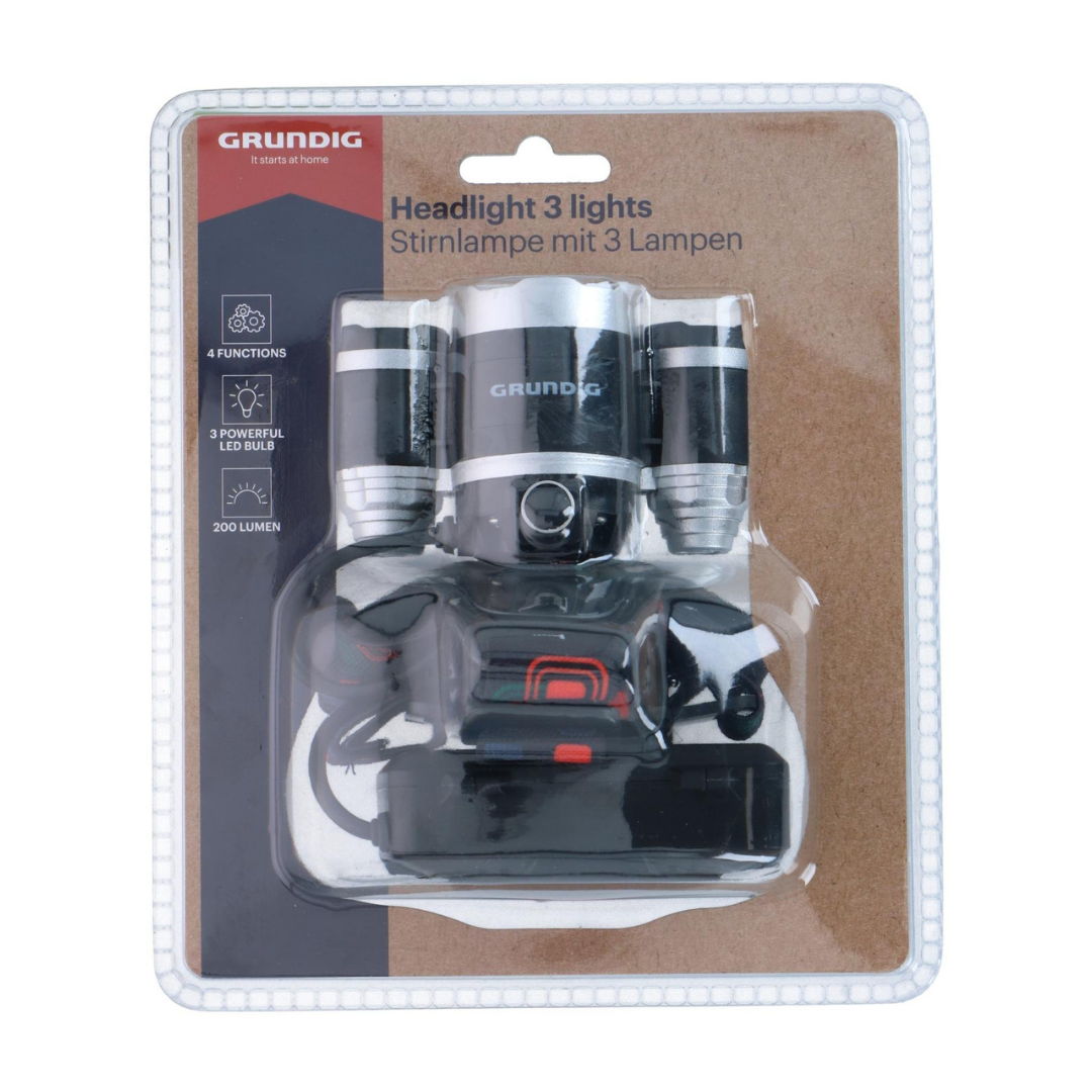 GRUNDIG Stirnlampe LED 3 Leuchten Leistungsstark Tragbar Outdoor Werkstatt Camping Wandern AA-Batterien Helles Licht Flexibel Robust Langlebig Mobil