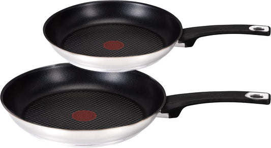 Tefal E30 Jamie Oliver Pfannenset - SET 22 -  2-teilig, Induktionsgeeignet, Antihaftbeschichtung, Titanium Excellence, 20 cm + 26 cm Pfanne, Edelstahl, ThermoSpot, ergonomischer Griff, für alle Herdarten geeignet, langlebig