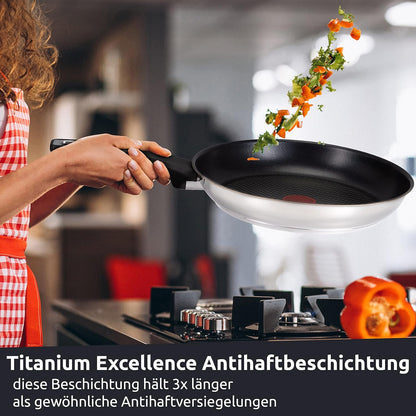 Tefal E30 Jamie Oliver Pfannenset - SET 22 -  2-teilig, Induktionsgeeignet, Antihaftbeschichtung, Titanium Excellence, 20 cm + 26 cm Pfanne, Edelstahl, ThermoSpot, ergonomischer Griff, für alle Herdarten geeignet, langlebig