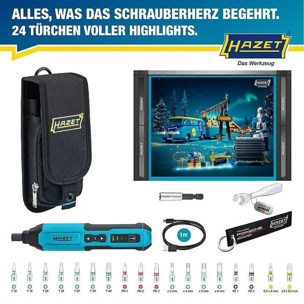 HAZET Handwerkzeug Adventskalender 2025 mit 24-teilige Werkzeugset, Akkuschrauber, Handwerk, Werkzeug, für Herren und Männer Kalender  ( Wert 300€ )