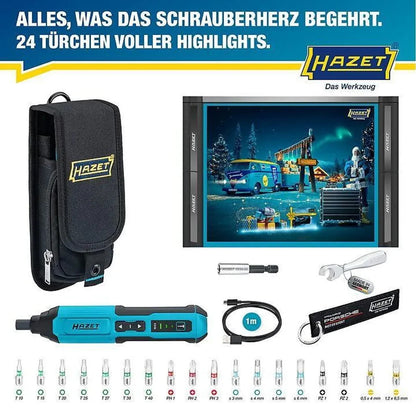 HAZET Handwerkzeug Adventskalender 2025 mit 24-teilige Werkzeugset, Akkuschrauber, Handwerk, Werkzeug, für Herren und Männer Kalender  ( Wert 300€ )